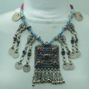 Tribal Handmade Beaded Chain Necklace With Long Tassels and Coins